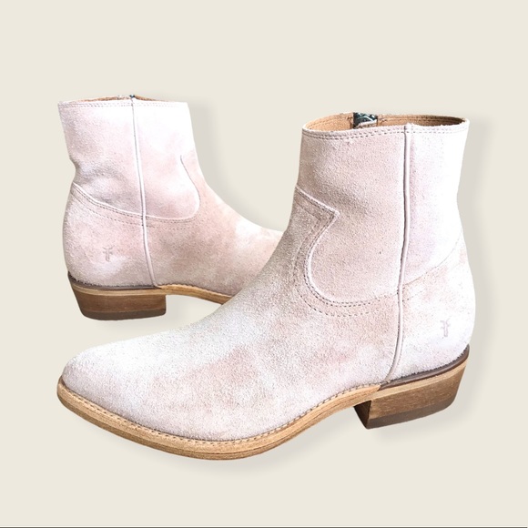 Frye Billy Blush Pink Suede Leather Zip Up Short Cute Festival Cowboy Ankle Boot - Picture 8 of 16